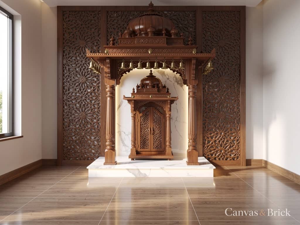 Traditional carved mandir unit design in Kolkata by Canvas & Brick