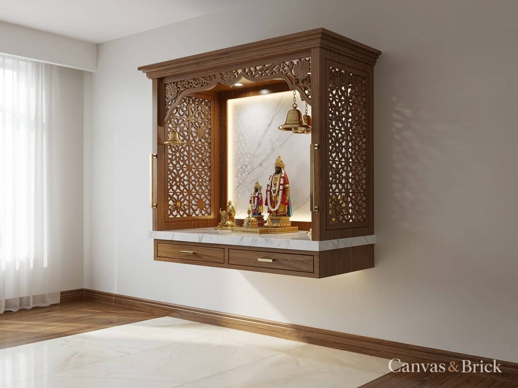 Wall-mounted mandir unit design in Kolkata by Canvas & Brick