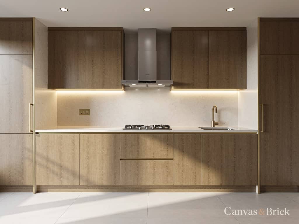 Handleless minimal modular kitchen design in Kolkata by Canvas & Brick