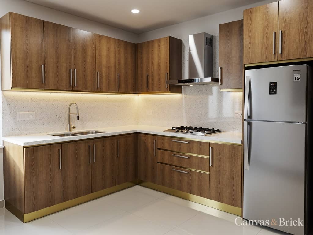 L-shaped modular kitchen design in Kolkata by Canvas & Brick