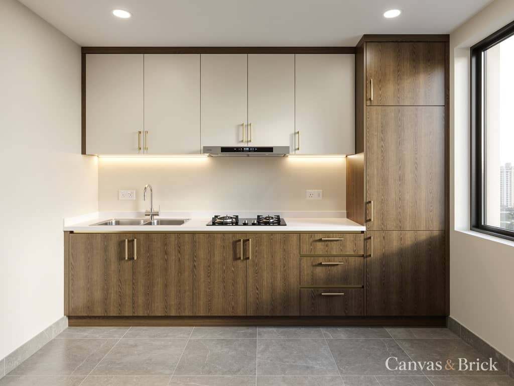 Two-tone modular kitchen design in Kolkata by Canvas & Brick