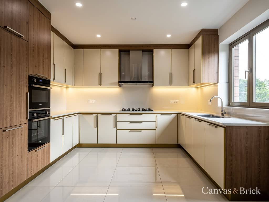 U-shaped modular kitchen design in Kolkata by Canvas & Brick