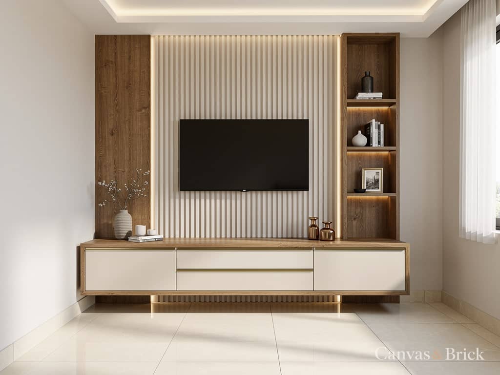 Compact flat tv unit design in Kolkata by Canvas & Brick
