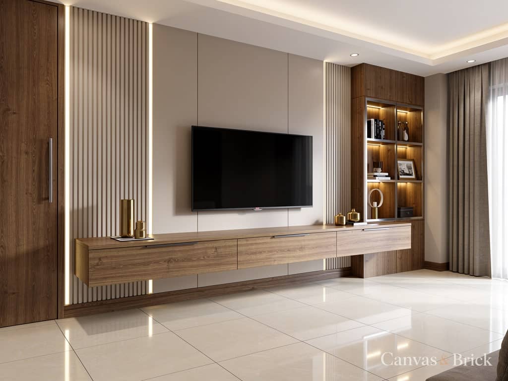 Floating unit tv unit design in Kolkata by Canvas & Brick