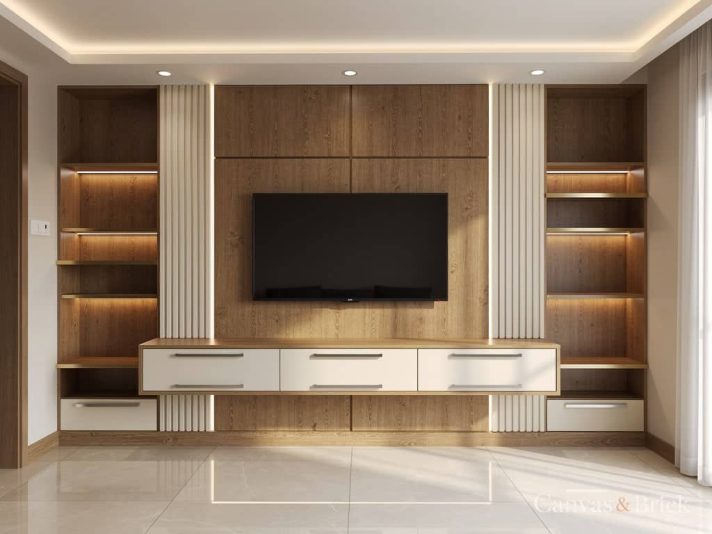 Full wall panelling tv unit design in Kolkata by Canvas & Brick