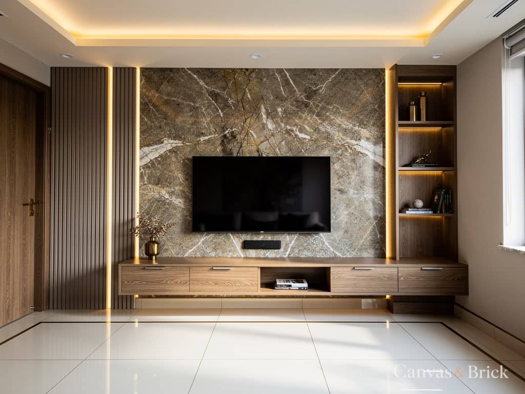 Stone backdrop tv unit design in Kolkata by Canvas & Brick