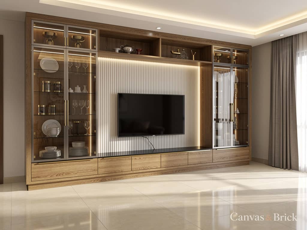 With crockery display tv unit design in Kolkata by Canvas & Brick