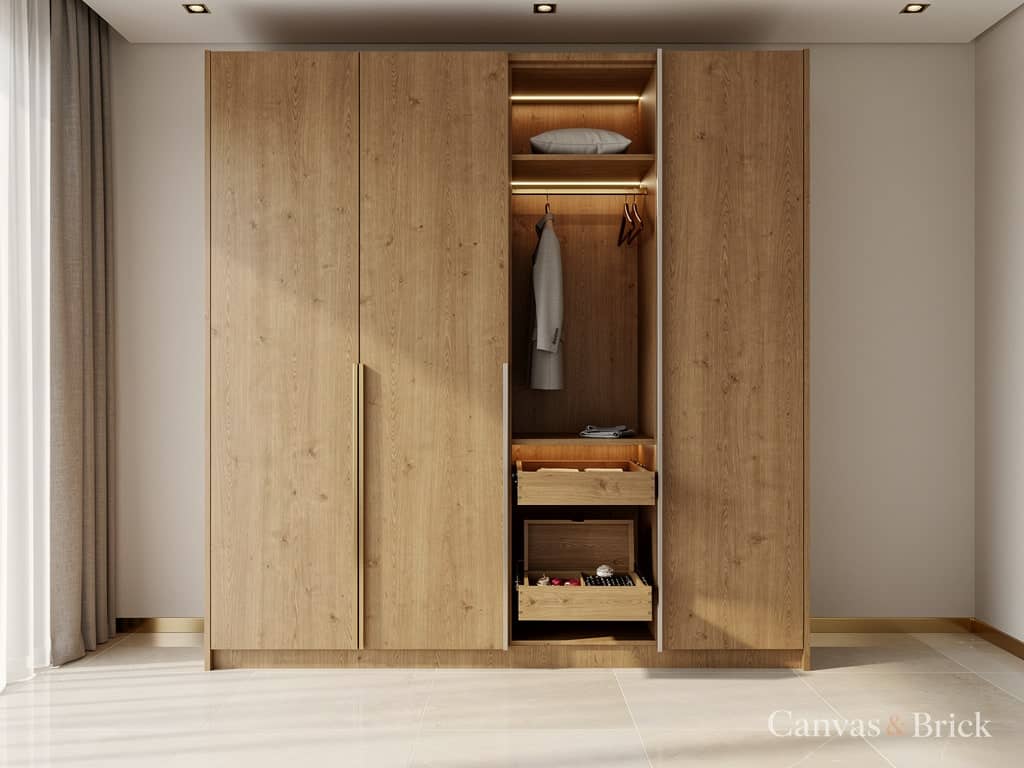 Handleless wardrobe design in Kolkata by Canvas & Brick
