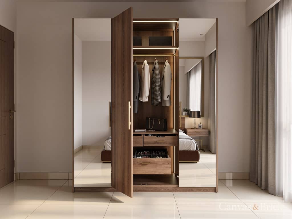 Mirror front wardrobe design in Kolkata by Canvas & Brick