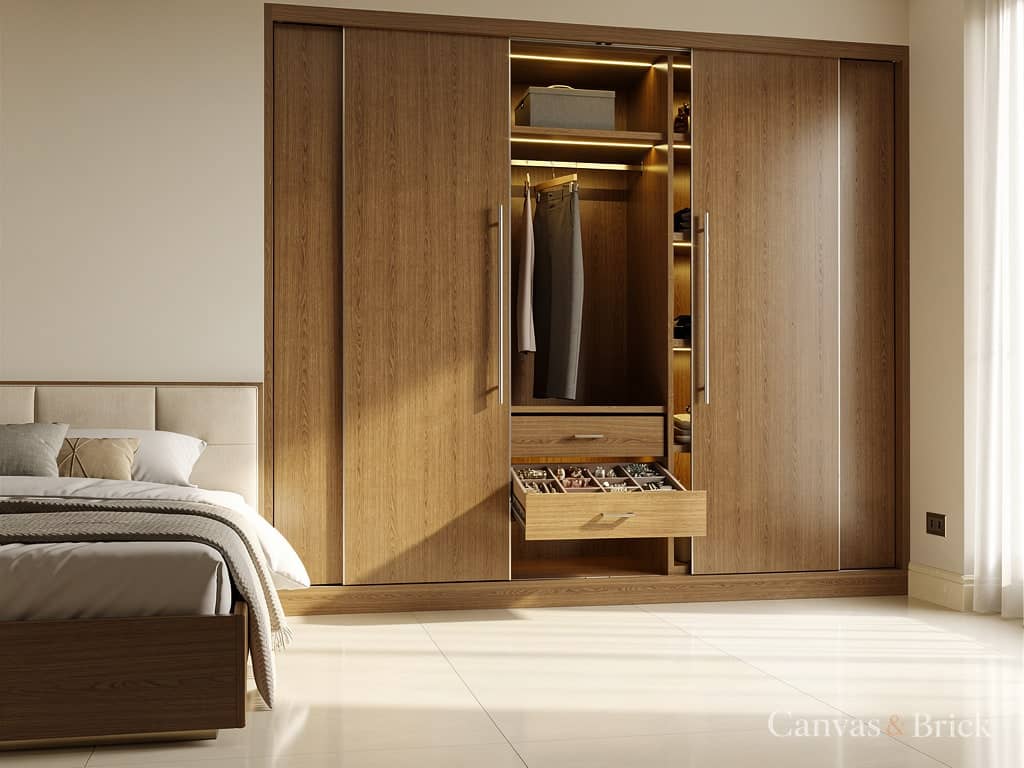 Sliding wardrobe wardrobe design in Kolkata by Canvas & Brick