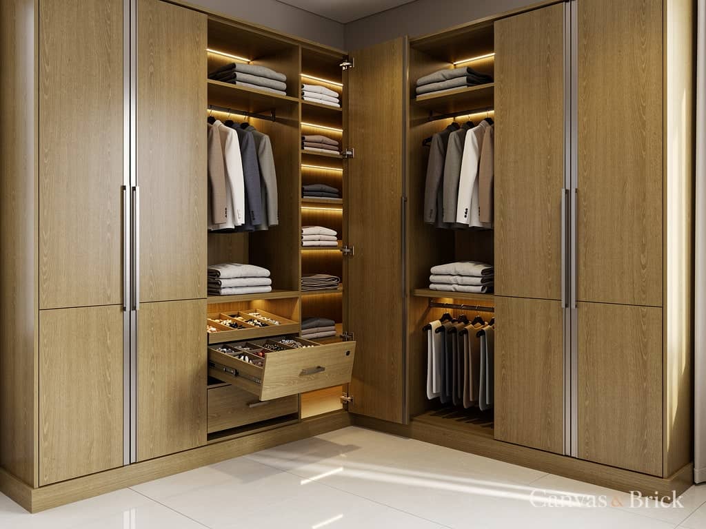 Walk-in dressing wardrobe design in Kolkata by Canvas & Brick