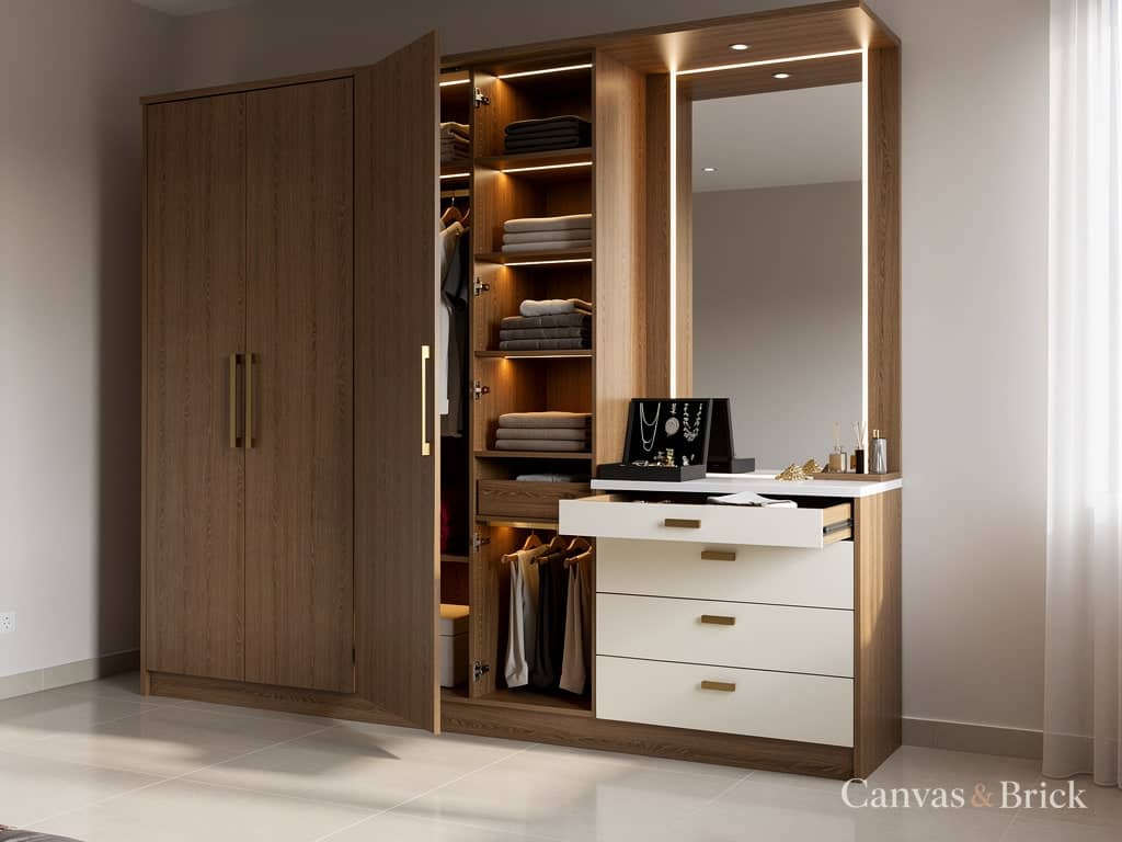 With dresser wardrobe design in Kolkata by Canvas & Brick