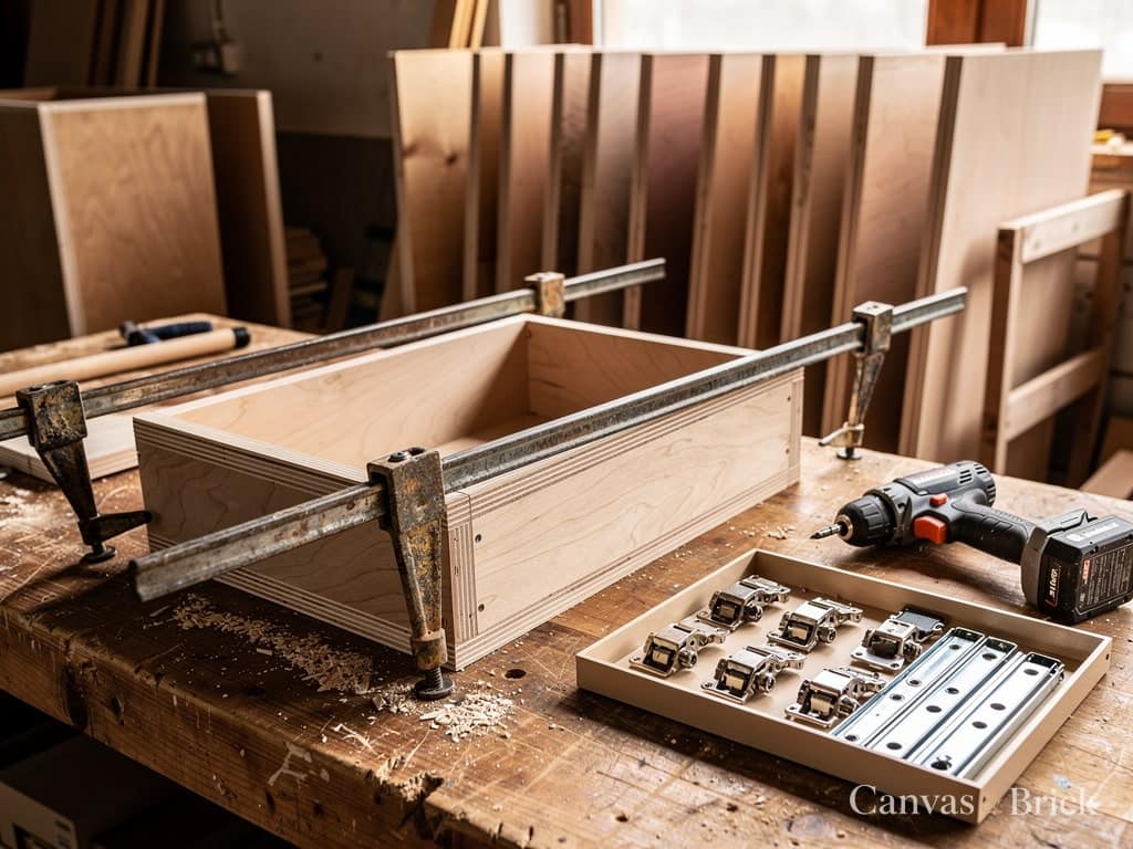 A plywood carcass held square with sash clamps during assembly in our workshop