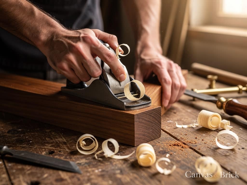 A hand plane taking a fine shaving off a teak board at the bench